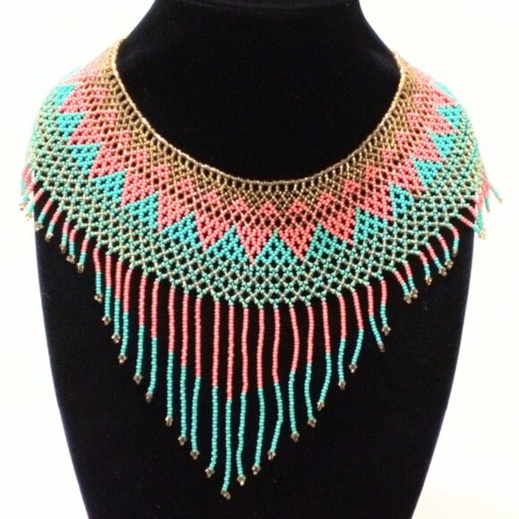 Vintage Hand Woven Seed Bead Collar Style Statement Necklace - Picture 1 of 10